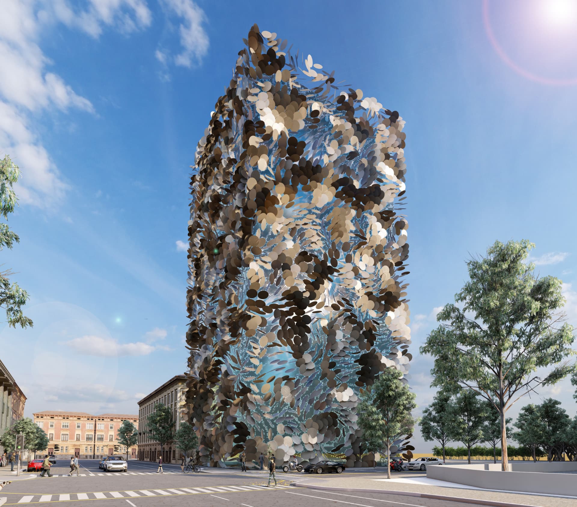 Tower clad in thousands of overlapping bronze and silver petals on a city corner
