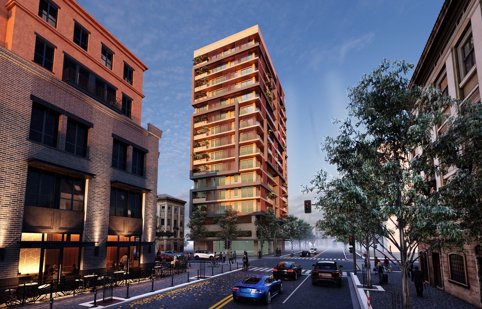 Senegal Tower rising above a tree-lined urban street at dusk