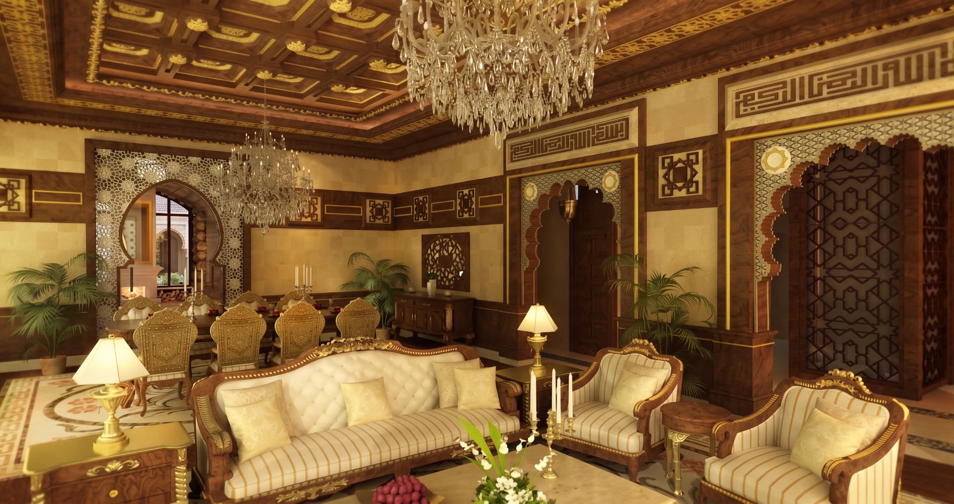 Mandara Villa reception and dining room with carved timber ceiling and crystal chandeliers